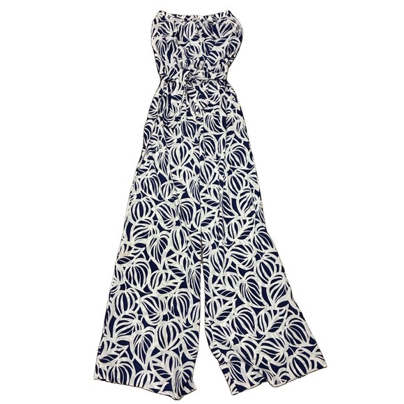 Lilly Pulitzer Pants - Lilly Pulitzer Blue And White Leaf Strapless Jumpsuit With Belt Size XS